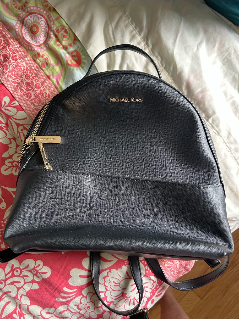 Michael Kors Black Saffiano Leather Backpack with Gold Accents